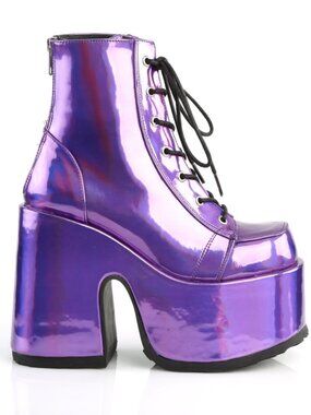 5" Chunky Heel Platform Lace-Up Ankle Boot with Purple Hologram Vegan Leather